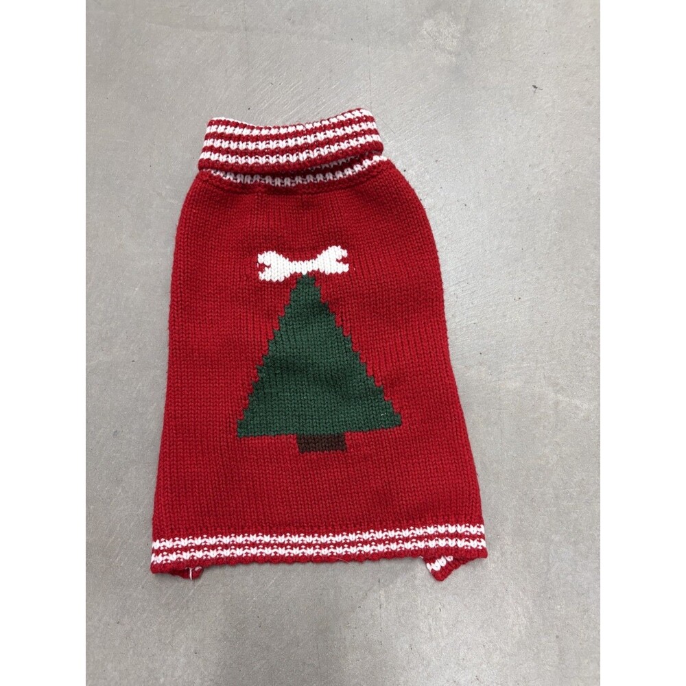 Christmas Dog Sweater – Red Knit with Tree & Bone Motif (Medium)